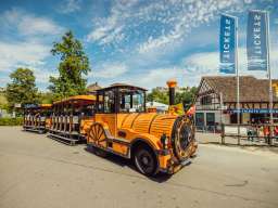 Ein oranger touristen Zug steht im Rheinfallbecken.